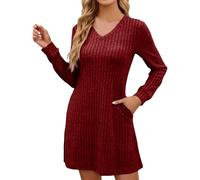 Generisch Robe florale pour femme - Col en V - Manches longues - Robe courte décontractée - Avec tissu doux - Pour le confort quotidien - Robe de soleil pour femme, rouge, S