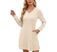 Generisch Robe florale pour femme - Col en V - Manches longues - Robe courte décontractée - Avec tissu doux - Pour le confort quotidien - Robe de soleil pour femme, beige, L