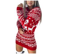 Generisch Robe Grandes Tailles O Femmes Col Pull Robe de Noël Petites Robes Flocon de Neige Femmes avec Fleurs, rouge, XXL