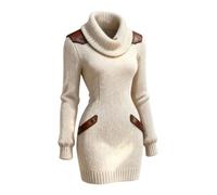 Generisch Robe longue décontractée en tricot avec col roulé et bordure décorative en forme de crayon moulante pour les journées fraîches, beige, XL