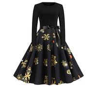 Generisch Robe longue d'été pour femme - Manches longues - Noël avec col rond imprimé années 1950 - Femme au foyer - Soirée - Robe de bal - Robe noire pour femme - Manches longues - Paillettes, Noir