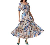 Generisch Robe longue élégante avec détails à volants et imprimé floral pour les occasions festives et avec manches bouffantes tendance comme garde-robe de fête estivale, Rose, XXL