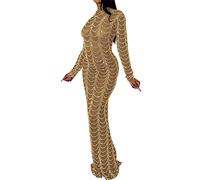 Generisch Robe longue élégante et originale pour femme, transparente, sexy, coupe étroite, robe de soirée, strass, maille, robe tendance à manches longues, robe d'hiver, or, S