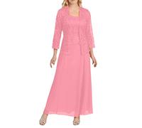 Generisch Robe longue pour femme grande taille en dentelle patchwork solide ourlet ample robe longue en mousseline de soie coutures manches longues dans une longue robe deux pièces, Rose, 5XL