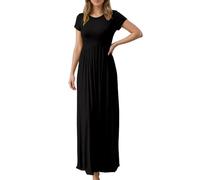 Generisch Robe maxi à manches courtes pour femme avec taille empire - Robe longue en jersey pour un look confortable et sobre - Robe d'été polyvalente pour le quotidien, Style_n01 Noir, XXL