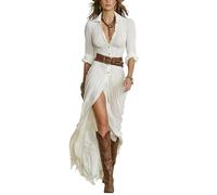 Generisch Robe maxi à manches longues et boutonnière à l'avant, col à revers plissé, asymétrique, concert country, western, cowgirl, robe midi, Blanc., 5XL