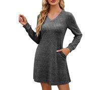 Generisch Robe maxi d'été pour femme - Col en V - Manches longues - Robe pull - Mode d'automne décontractée - Robe courte avec tissu doux, gris, XL