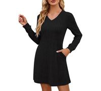 Generisch Robe maxi d'été pour femme - Col en V - Manches longues - Robe pull - Mode d'automne décontractée - Robe courte avec tissu doux, Noir , XXL
