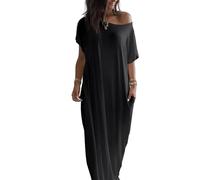 Generisch Robe maxi pour femme avec col carmen et manches chauve-souris, fentes latérales, pour la plage, les loisirs, l'été, Noir , XL