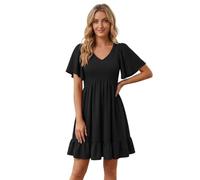 Generisch Robe midi à manches flatteuses avec taille florale et col élégant pour femme, Noir , S