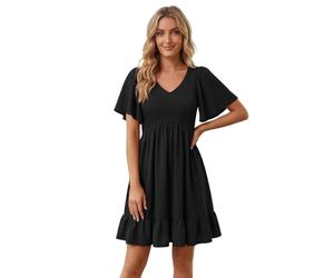 Generisch Robe midi à manches flatteuses avec taille florale et col élégant pour femme, Noir , XL