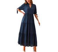 Generisch Robe midi décontractée pour femme avec col en V - Taille empire - Design vichy - Mode printemps - Robe de soirée tendance à plusieurs niveaux, bleu, 3XL