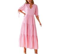 Generisch Robe midi décontractée pour femme avec col en V - Taille empire - Design vichy - Mode printemps - Robe de soirée tendance à plusieurs niveaux, rouge, S