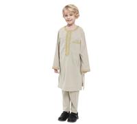 Generisch Robe musulmane pour garçon à manches longues et rondes, costume musulman Ational Middle Adolescent Garçon, Robe brodée pour enfants arabes, beige, 4-5 ans