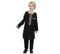 Generisch Robe musulmane pour garçon à manches longues et rondes, costume musulman Ational Middle Adolescent Garçon, Robe brodée pour enfants arabes, Noir , 11-12 ans
