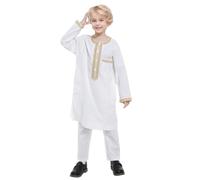 Generisch Robe musulmane pour garçon à manches longues et rondes, costume musulman Ational Middle Adolescent Garçon, Robe brodée pour enfants arabes, Blanc., 5-6 ans