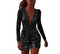Generisch Robe Noire Courte Serrée Femmes Sexy Deep V Transparent Couverture Or Robe à Manches Longues Robe de Soirée Robe Festive Femmes Grandes Tailles, Noir , XL