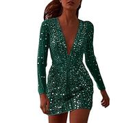 Generisch Robe Noire Courte Serrée Femmes Sexy Deep V Transparent Couverture Or Robe à Manches Longues Robe de Soirée Robe Festive Femmes Grandes Tailles, vert, XL