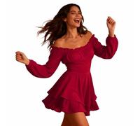 Generisch Robe plissée pour femme - Costume de pirate - Épaules dénudées - Robe plissée - Manches longues - Robe décontractée - Robe de plage d'été élégante - Robe courte - Robe de cocktail - Robe de