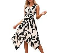 Generisch Robe portefeuille sans manches avec imprimé floral col en V pour femme au design décontracté à manches longues pour le printemps et l'été, beige, M