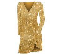 Generisch Robe pour femme unie à manches longues avec paillettes, robe mi-longue, col en V, robe brillante pour le Nouvel An, jaune, XXL
