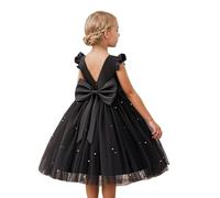 Generisch Robe pour fille avec manches flottantes et col en V pour les séances photo décontractées en plein air, les fêtes, les spectacles, le printemps, l'été, les tenues d'automne, Noir , 3-4 ans