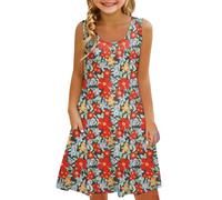 Generisch Robe pour fille sans manches robe décontractée confortable à imprimé floral vêtements pour enfants robe gilet avec longue pour fille, rouge, 12-13 ans