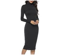 Generisch Robe pull à col roulé en maille côtelée pour femme - Manches longues - Coupe ajustée, Noir , L