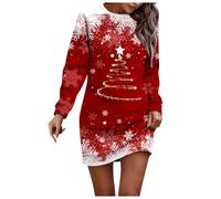 Generisch Robe pull de Noël pour femme avec imprimé, robe de loisirs, col rond, manches longues, design décontracté, robe d'hiver confortable, rouge, L