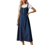 Generisch Robe salopette en denim pour femme - Décontractée - Polyvalente - Robe mi-longue élégante - Robe midi en jean ample - Jupe légère à bretelles - Coupe ajustée - Coupe ajustée, O bleu., XXL