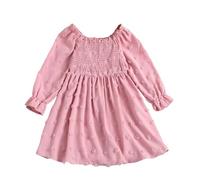 Generisch Robe smockée à manches longues avec col carré, volants, imprimé floral et inscription brodée pour une tenue de fête élégante et décontractée pour filles, Rose, 8-9 ans