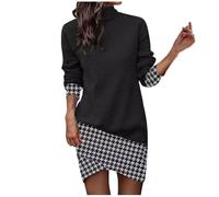Generisch Robe sweat pour femme avec motif pied-de-poule - Mini robe à manches longues avec col roulé et ourlet asymétrique - Robe pull élégante pour le bureau et l'automne, Style_n01 Noir, M