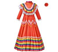 Generisch Robe traditionnelle mexicaine pour fille, style national, à manches longues, danse, princesse, avec coiffe, cosplay, carnaval, fête d'anniversaire (rouge, 8-10 ans)