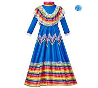Generisch Robe traditionnelle mexicaine pour fille, style national, à manches longues, princesse, avec coiffe, cosplay, carnaval, fête d'anniversaire (bleu, 4-6 ans)
