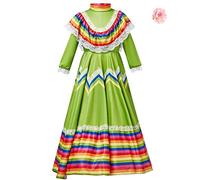 Generisch Robe traditionnelle mexicaine pour fille, style national, à manches longues, princesse, avec coiffe, cosplay, carnaval, fête d'anniversaire (vert, 4-6 ans)