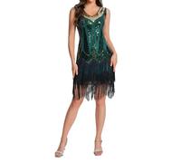 Generisch Robe vintage des années 1920 pour femme - Robe Charleston Gatsby à paillettes - Ourlet à pompons - Robe de cocktail - Robe de bal de fin d'année 20, vert foncé, XL