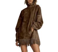 Generisch Robe western pour femme, aspect daim, moulante, avec poche, style rétro, usé, robe pull à franges, robe à manches longues, robe à fermeture haute, marron, L