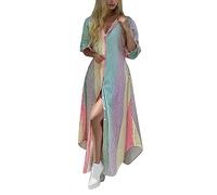 Generisch Robes de fête pour femmes col en V robe portefeuille avec lacets pour femmes manches longues style chemise robe mode design mince imprimé robe florale robes d'été robes de bal, multicolore