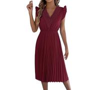 Generisch robes d'église, robes à volants à manches courtes, bordure en dentelle, robes midi, robes plissées, jolies tenues d'enseignant, rouge, L