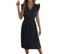 Generisch robes d'église, robes à volants à manches courtes, bordure en dentelle, robes midi, robes plissées, jolies tenues d'enseignant, Noir , L