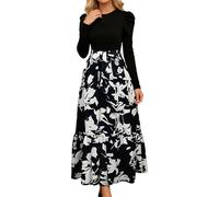 Generisch Robes élégantes pour femme - Noir - Robe florale - Longue robe festive - Élégante robe de carnaval - Robe longue - Robe d'invité de mariage - Grandes tailles - Manches longues - Robe de
