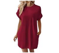 Generisch Robes en laine pour femme - Manches courtes - Décontractée - Tunique d'été - Robe ample avec poches - Robe courte pour femme, Bordeaux, XL