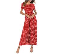 Generisch Robes longues pour femmes Robe à la mode pour femme avec col rond Design à pois pour la plage et les loisirs Robe maxi à manches longues Tissu doux avec coupe courte Robe florale, rouge, XL