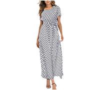 Generisch Robes longues pour femmes Robe à la mode pour femme avec col rond Design à pois pour la plage et les loisirs Robe maxi à manches longues Tissu doux avec coupe courte Robe florale, Blanc., M