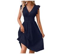Generisch Robes pour femme, robe mi-longue, dentelle, jacquard, évasée, col en V étroit, grande robe pour femme, Marine, M