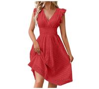 Generisch Robes pour femme, robe mi-longue, dentelle, jacquard, évasée, col en V étroit, grande robe pour femme, rouge, XL