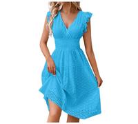 Generisch Robes pour femme, robe mi-longue, dentelle, jacquard, évasée, col en V étroit, grande robe pour femme, bleu, XXL