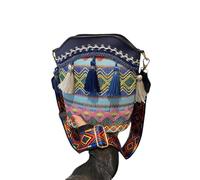 Generisch Sac à bandoulière minimaliste pour femme avec pompon - Sac rétro en corde de coton tissé - Sac de plage bohème, bleu foncé, 6.49*7.87 Inch