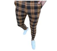 Generisch Sakko Hommes Mode Quatre Saisons à Carreaux Imprimés Poches Fermeture Éclair Boutons Pieds Pantalons Pantalon de Costume, marron, 3XL