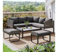 Generisch Salon de jardin en rotin pour 6 à 7 personnes, canapé d'angle avec structure en fer galvanisé, pieds réglables, avec tous les coussins d'assise et de dossier, gris